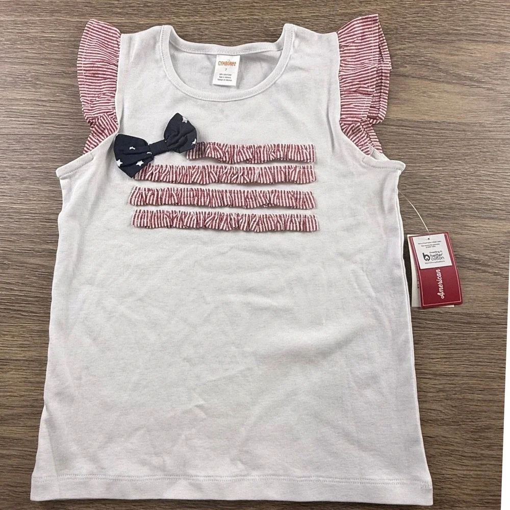 Gymboree Girls White Patriotic Ruffle Bow Sleeveless Top 7 NWT American Flag